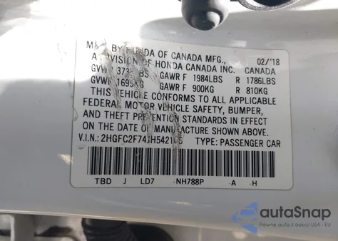 2018 Honda Civic Ex z USA, uszkodzony, nr VIN 2HGFC2F74JH542105